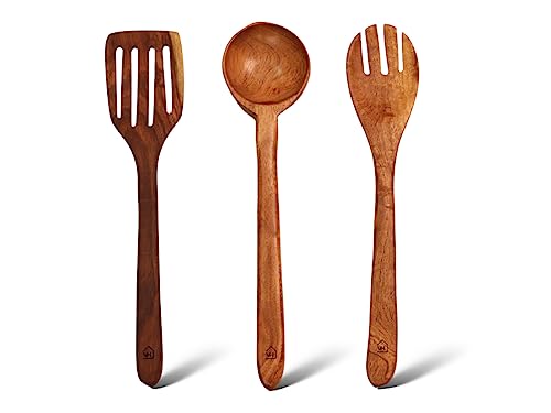 Image 1 of Default Title for the product Vesta Homes Neem Wood Spoon, Compact Flip, Spatula/Ladle Set of 3