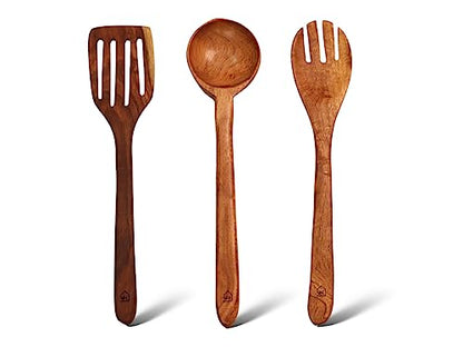Image 1 of Default Title for the product Vesta Homes Neem Wood Spoon, Compact Flip, Spatula/Ladle Set of 3