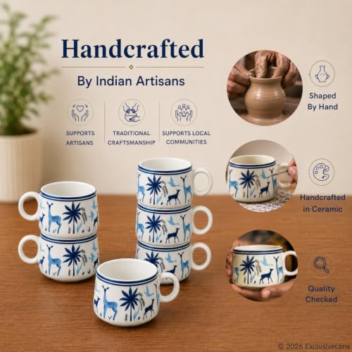 Image 3 of ExclusiveLane Deer & Floral Ceramic Tea Cups Set of 6, 150 ml