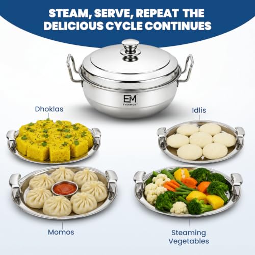 Image 6 of EVERMONT Stainless Steel Multi-Purpose Idli Maker & Steamer for Kitchen | 7 Plates (2 Idli, 2 Mini Idli, 2 Dhokla, 1 Steamer) | Induction & Gas Compatible Multi Kadai | Steamer for Momos, Modak & Vegetables | Heavy Bottom SS 304