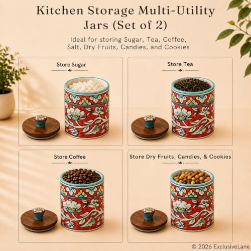 Image 3 of ExclusiveLane Mughal Barrel Multi Utility Storage Ceramic Jars With Wooden Lid Set of 2 420 ml
