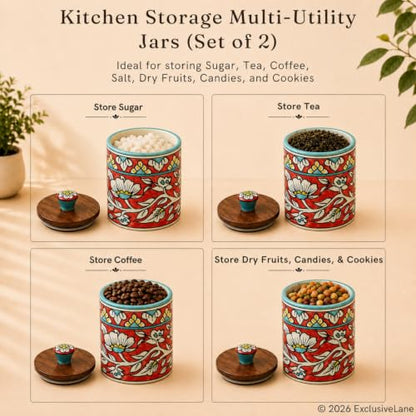 Image 3 of ExclusiveLane Mughal Barrel Multi Utility Storage Ceramic Jars With Wooden Lid Set of 2 420 ml
