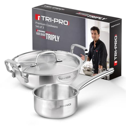Image 1 of Default Title for the product BERGNER TriPro Triply Stainless Steel 3 Pcs Cookware Set - 24cm (3L) Indian Wok/Kadai with Lid and 16cm (1.7L) Teapan