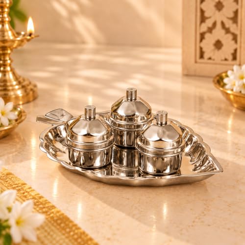 Image 1 of Default Title for the product Spillbox Traditional Handcrafted Stainless Steel Thali kumkum Plate for Pooja/Worship-Bowl-Dhoop-Diya(Silver)