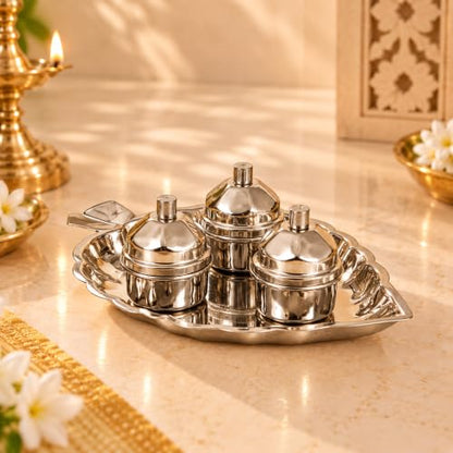 Image 1 of Default Title for the product Spillbox Traditional Handcrafted Stainless Steel Thali kumkum Plate for Pooja/Worship-Bowl-Dhoop-Diya(Silver)