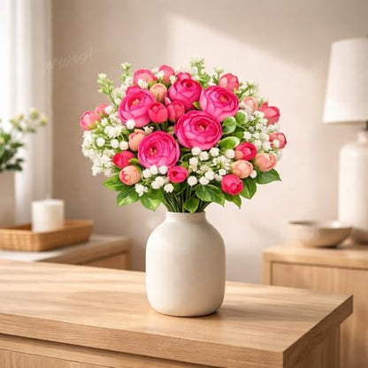 Image 6 of Divyakosh Artificial Peony Flower Bunch for Vase | Real Touch Faux Flowers with Gypsophila & Green Leaves | Decorative Fake Flowers for Home Living Room Bedroom Office Table Decor (VASE NOT Included)