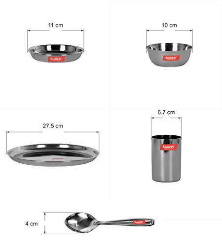 Image 4 of Sumeet Stainless Steel Solid Heavy Gauge Mirror Finish Dinner Set Of 6 Pcs (1 Plate, 1 Small/Halwa Plate, 2 Bowl/Wati, 1 Glass, 1 Spoon)