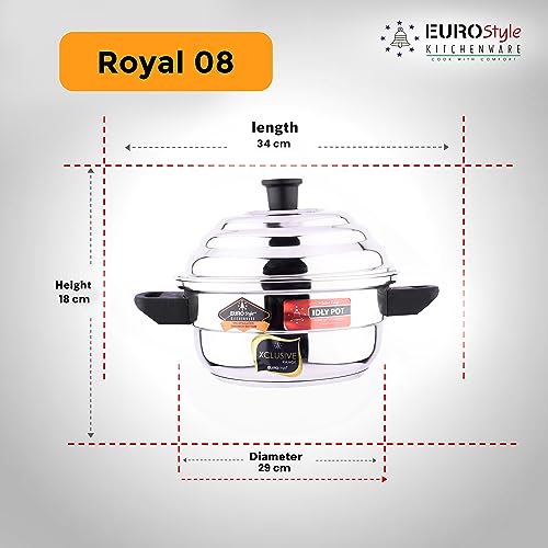 Image 7 of EUROStyle Royal Stainless Steel 3 Layer Sandwich Base Idly Maker - 8 Cavity Idlies - With 1 Steam Plate - ISI Mark Certified - Secure Lid and Easy Lifting Handles & Knobs -Multi-Tier Steaming Cookware for Idli, Dhokla, Modak & More (SB STD, 8 Idlies)