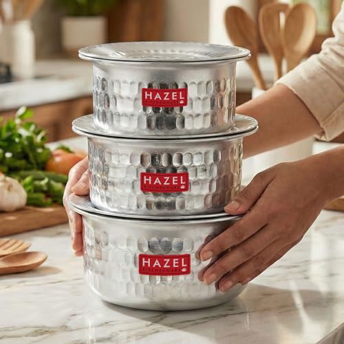 Image 2 of HAZEL Aluminium Hammered Tope Set with Lid Patila Set of 3 (1L, 1.4L & 1.8L)