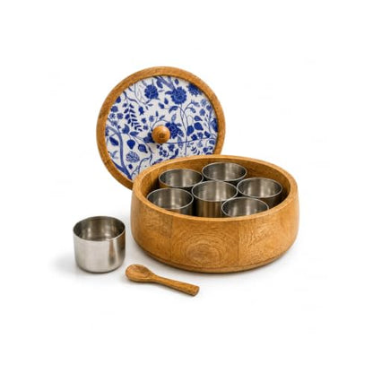 Image 7 of ExclusiveLane Indigo Baagh Wooden Spice Box with Spoon (7 Containers, 130 ml Each)