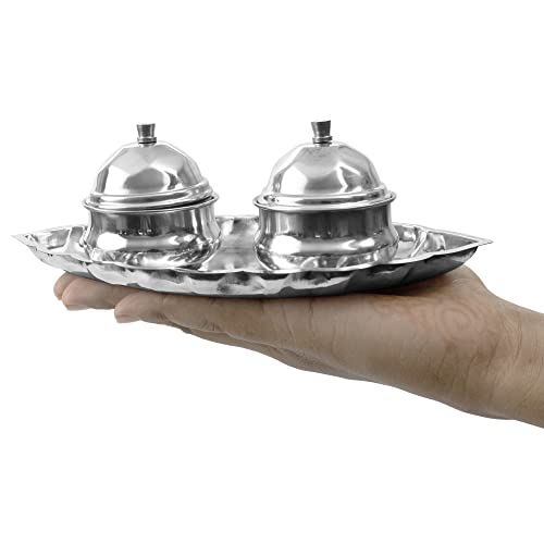 Image 4 of Spillbox Traditional Handcrafted Stainless Steel Thali kumkum Holder Stand Plate for Pooja/Puja Worship Oval 2 Bowl-Small Leaf- Silver