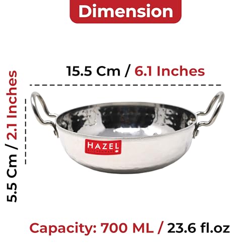 Image 3 of HAZEL Stainless Steel Kadai with Handle Curved Bottom Hammered Tone Design, 700 ml