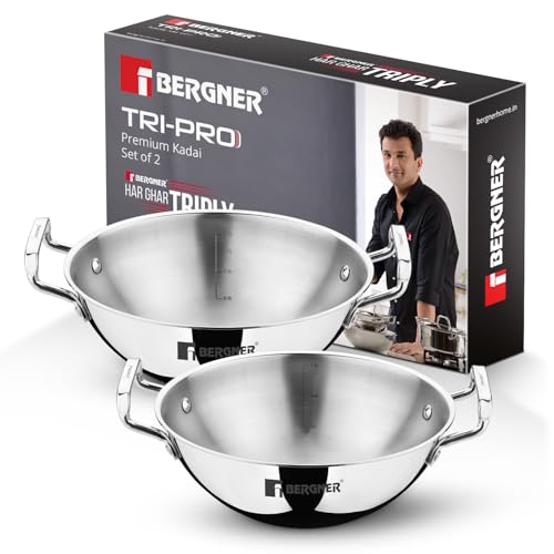 Image 1 of Default Title for the product BERGNER TriPro Triply Stainless Steel 2 Pcs Kadai Set - 20cm and 22cm