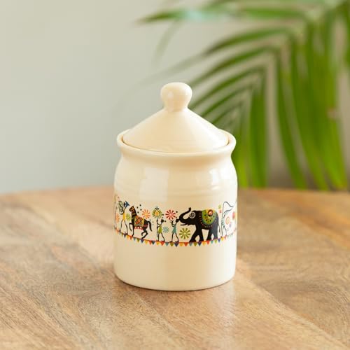 Image 1 of Default Title for the product ExclusiveLane Elephant Motif Ceramic Pickle Jar with Lid 540 ml