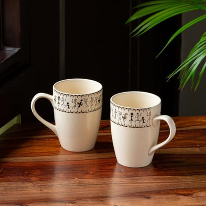 Image 1 of Default Title for the product ExclusiveLane Warli Village Tales Handcrafted Ceramic Coffee Mug Set of 2 300 ml