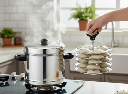 Image 4 of MAHAVIR Heavy Gauge Stainless Steel Idli Cooker Kitchen Accessories (Silver, 6 Plate, 24 Pcs), 3 liter, 21 X 21 X 21 Centimeters