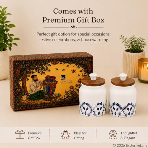 Image 7 of ExclusiveLane 'Royal Mughal' Airtight Ceramic Jars For Kitchen Storage With Wooden Lid Ceramic Containers For Pickle Cookies Sugar Dry Fruits (Set of 2, Airtight, 380 ML, Hand-Painted, 13.4 Cm)