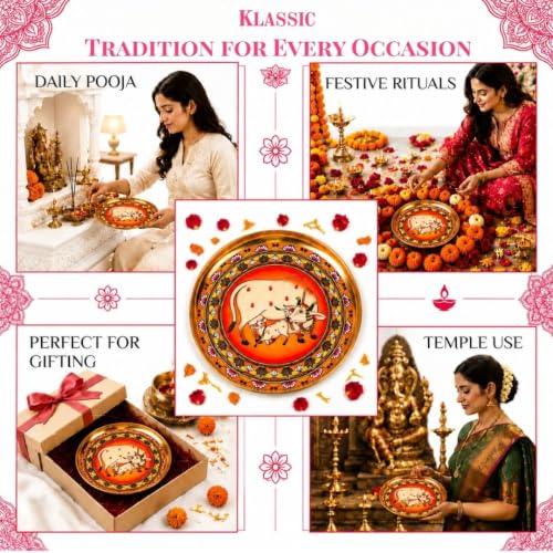 Image 5 of Klassic 8 Inch Handcrafted Brass Thali/Aarti Plate, Medium(Pack Of 1, Golden)