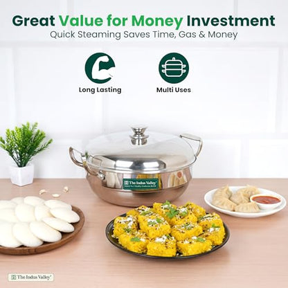 Image 5 of The Indus Valley Triply Stainless Steel Idli Maker/Multi Kadai | 6 Plates, 2 Idli | 1 Mini Idli | 2 Dhokla | 1 Steamer | Momo Maker/Steamer Set | 27cm/10.6 inch, 5Ltr, 3.7kg | 3-Layer Body | Induction Friendly