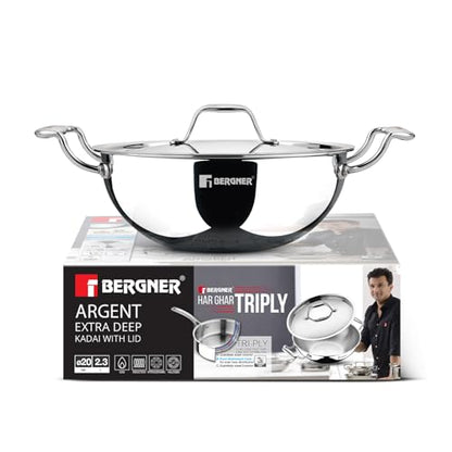 Image 1 of 20cm (2.3L) for the product BERGNER Argent Triply Deep Kadai with Stainless Steel Lid
