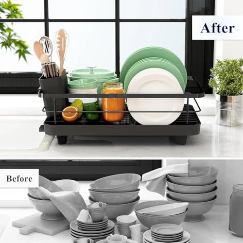 Image 7 of HomeWiz Plastic Dish Drying Rack with Spoon Holder, Built-in Drain Outlet, Heavy Duty Bartan Stand, 43×32×13 cm, Black