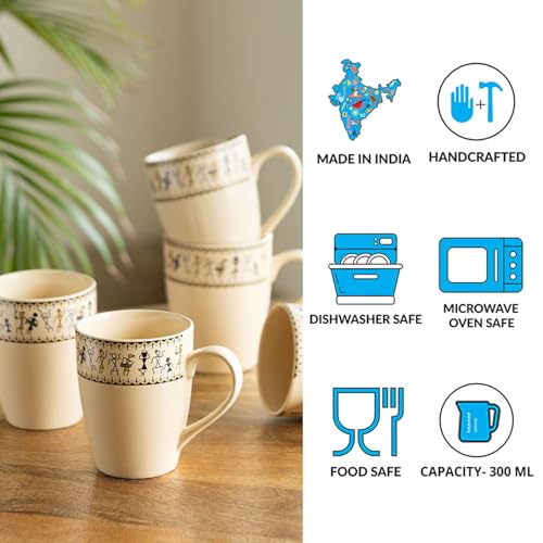 Image 4 of ExclusiveLane Warli Village Tales Handcrafted Ceramic Coffee Mugs Set of 6 (300 ml)