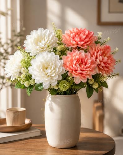 Image 3 of Divyakosh Artificial Flower Bunch Set of 2 (Vase Not Included) | White + Coral Peach| 8 Large Flowers, 8 Filler Stems | 35 cm Decorative Artificial Flowers for Home, Living Room & Table Decor