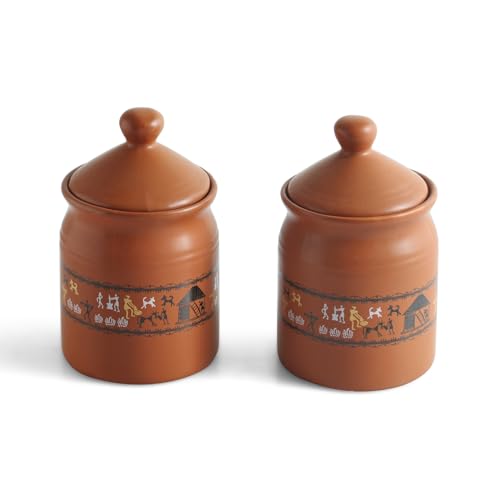Image 3 of ExclusiveLane Warli Village Tales Handcrafted Ceramic Pickle Jar Set of 2, 500 ML