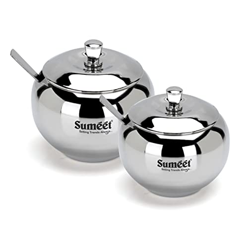 Image 1 of Default Title for the product Sumeet Stainless Steel Ghee and Oil Pot, Storage Conrainer with Spoon for Kitchen, 7.5cm & 8.5cm Dia, 170ML & 230ML - Silver (Pack of 2)