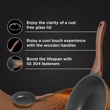Image 2 of Preethi Artistic Collection Die Cast Non Stick Fry Pan, 24 cm,with Glass Lid, 5 Star Non Stick Effect, Cook & Serve, Earthy Brown