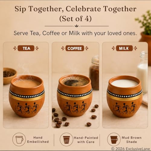 Image 3 of ExclusiveLane Warli Clay Terracotta Kullad Cups Set (Set of 4, 220 ml)