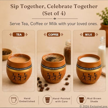Image 3 of ExclusiveLane Warli Clay Terracotta Kullad Cups Set (Set of 4, 220 ml)