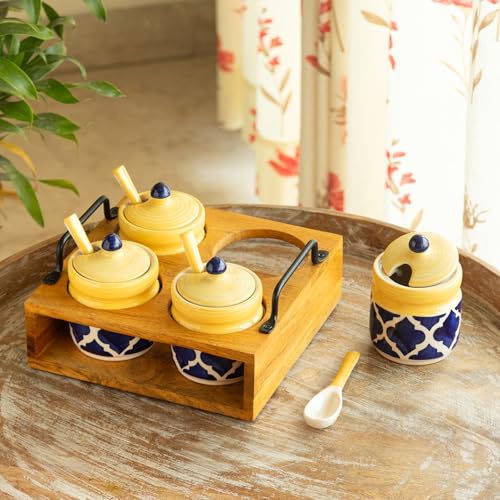 Image 1 of Default Title for the product ExclusiveLane 'Moroccan' Ceramic Pickle Jars for Dining Table With Spoon & Wooden Holder (Set Of 4, Non-Airtight, 310 ml) | Pickle Jar With Spoon Achar Jar Set Achar Container Set for Dining Table|