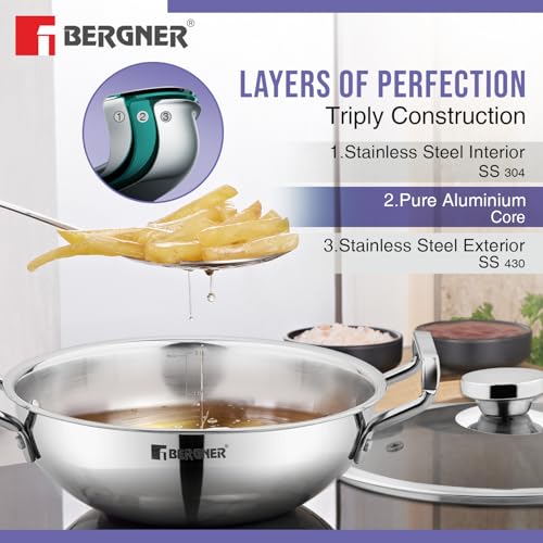 Image 4 of BERGNER TriPro 7 Pcs Tri-Ply Stainless Steel Induction Bottom Cookware Set | 22cm (2 LTR) Kadai with Glass Lid | 22cm (1 LTR) Frypan | 12cm (0.9 LTR) Coffee Warmer | Ladle | Serving Spoon | Turner