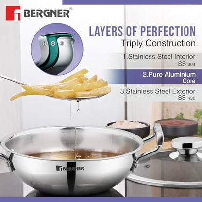 Image 4 of BERGNER TriPro 7 Pcs Tri-Ply Stainless Steel Induction Bottom Cookware Set | 22cm (2 LTR) Kadai with Glass Lid | 22cm (1 LTR) Frypan | 12cm (0.9 LTR) Coffee Warmer | Ladle | Serving Spoon | Turner