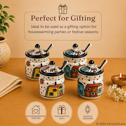 Image 5 of ExclusiveLane The Hut Ceramic Pickle Jars with Spoon Set of 4 280 ml Multicolor