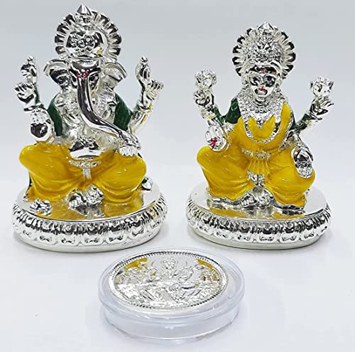 Image 1 of Default Title for the product Gold Art India Chakra Laxmi Ganesh Silver Plated Yellow Idol (2.7" Inch)