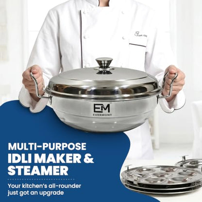 Image 2 of EVERMONT Stainless Steel Multi-Purpose Idli Maker & Steamer for Kitchen | 7 Plates (2 Idli, 2 Mini Idli, 2 Dhokla, 1 Steamer) | Induction & Gas Compatible Multi Kadai | Steamer for Momos, Modak & Vegetables | Heavy Bottom SS 304