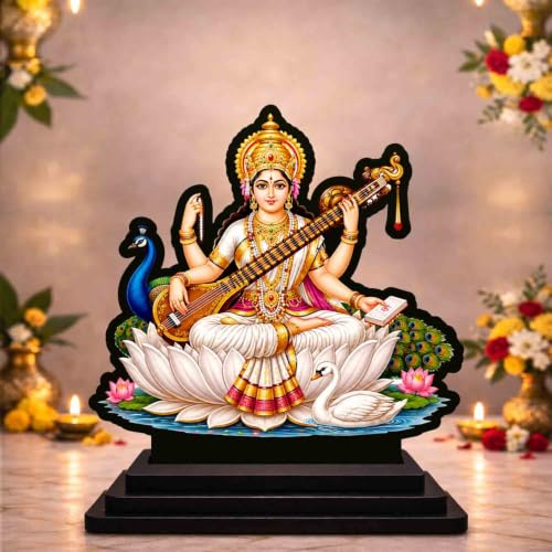 Image 1 of Default Title for the product Maa Saraswati Wooden MDF Printed Idol with Stand, 4 x 5 Inch, Pooja Room Decor, Home Temple Mandir Decoration, Religious Gift