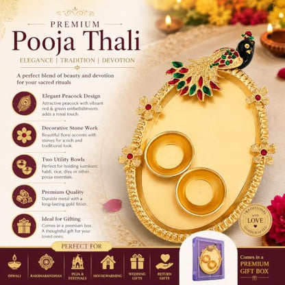 Image 2 of Peacock Pooja Thali With Diya Holders, 15X10 Cm