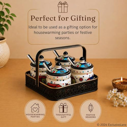 Image 7 of ExclusiveLane The Hut Multi-Purpose Ceramic Pickle Jars with Iron Holder Set of 4 220 gram Each