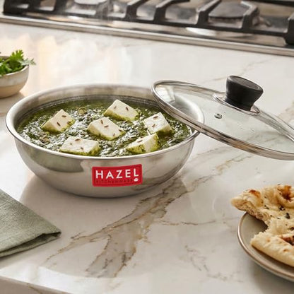 Image 11 of Silver Honeycomb Tasla with Glass Lid / 2 Litres for the product HAZEL Triply Stainless Steel Tasla Kadai