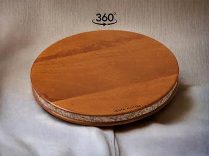 Image 4 of Vesta Homes Large Round Wooden 360 degree Rotating Cake Stand, Pizza Stand, Dessert Platter, Stand for Dining Table | Diameter - 12 inch, Height - 3 inch