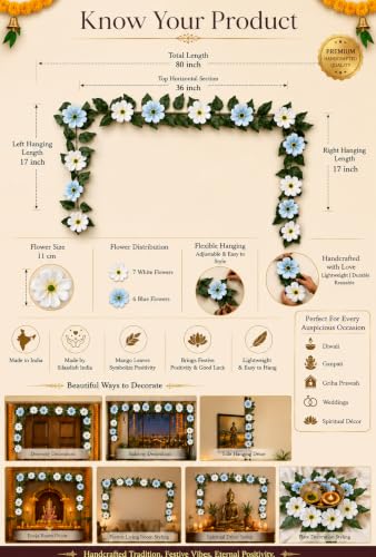Image 3 of Divyakosh Mango Leaf Vine with White & Blue Cosmos Flowers (6.5 FT) for Door Entrance Deﾌ…or Creeper | Artificial Flowers Garland,Thoran,Festive Puja Wall Hanging for Diwali Navratri Ganpati Home Deﾌ…or