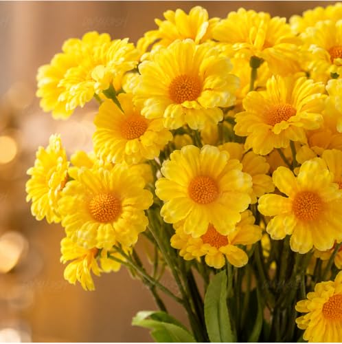 Image 2 of Divyakosh Artificial Daisy Flowers Bunch for Home Decor, Pack of 5 with 150 Yellow Flowers, Faux Floral Arrangement for Vase, Living Room, Wedding, Festive & Party Decoration