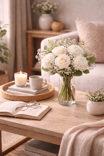 Image 3 of Divyakosh Artificial White Flower Bouquet with Roses & Chrysanthemums, Pooja Room Decoration Items & Craft Interior Props (Vase Not Included)