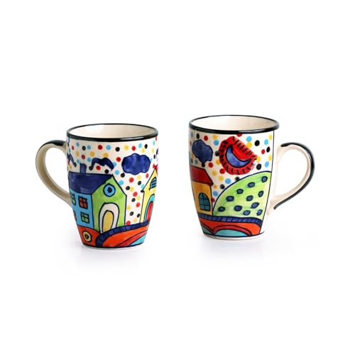 Image 3 of ExclusiveLane The Hut Ceramic Tea & Coffee Mugs with Wooden Tray Set of 2 270 ml