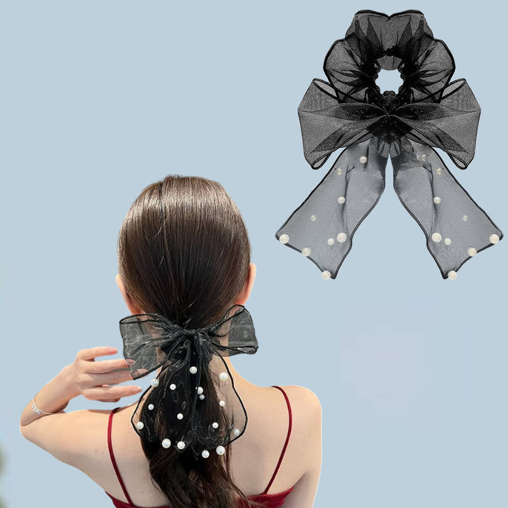 Image 1 of 1 pc for the product Majestique Pearl Bow Scrunchies Net Ponytail Holder, Stretchable Rubber Band Hair Accessories -1 Pc