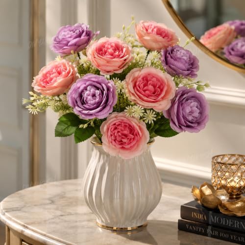 Image 1 of Default Title for the product Divyakosh Artificial Flowers Bunch (Vase Not Included). Artificial Flower for Vase Flower Bouquet Gift Lavender & Coral Peach Peony Bouquet for Living Room Office Dining Table Centerpiece