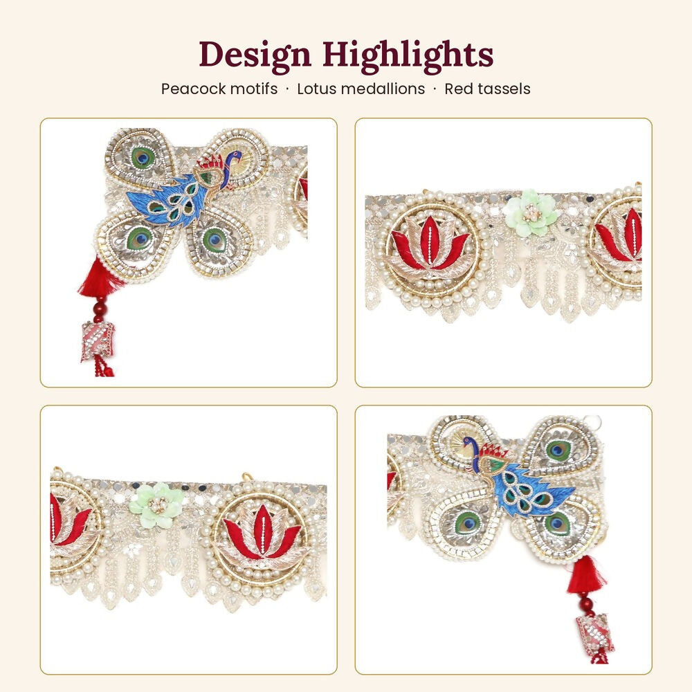 Image 3 of Renu's Creation Peacock & Lotus Embroidered Toran with Red Tassels